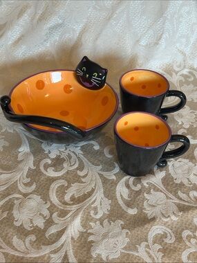Whimsical Black Cat Bowl and Mug Set with Orange Interior